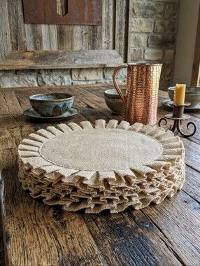 6pc Set Round Burlap Placemats 15" Natural Beige Ruffled Rustic Woven Table Mats
